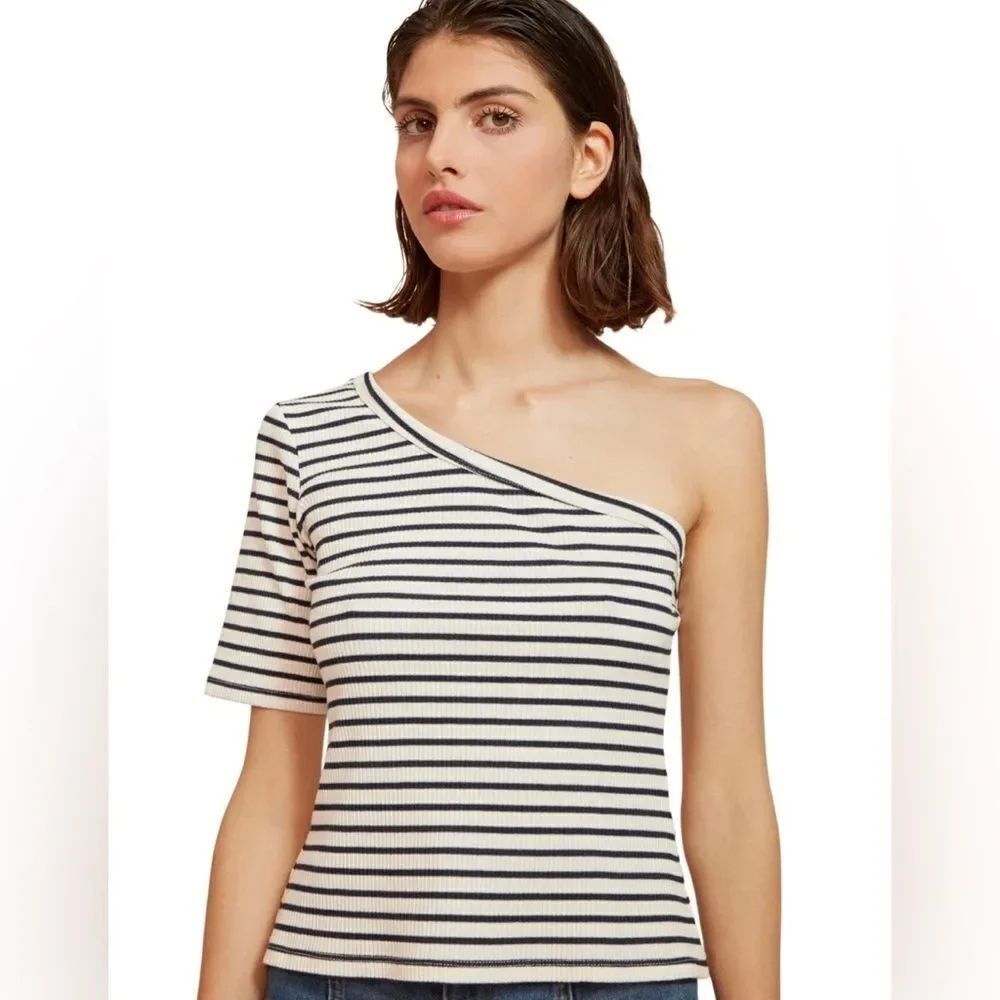 RITA ROW Ras Striped Blue Top One-Shoulder Size Large